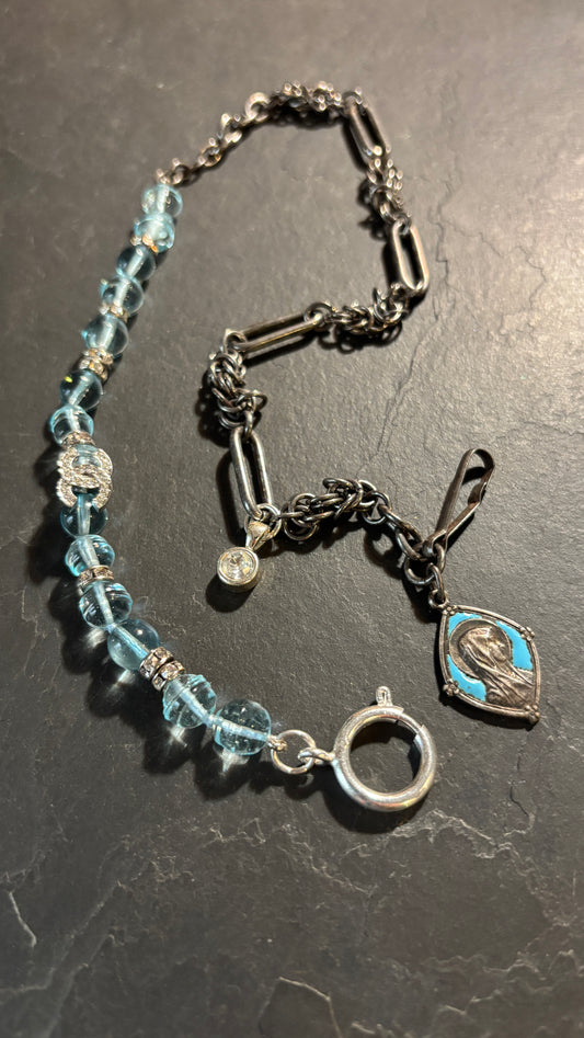 Collier chaîne de montre ancienne en acier, perles de verre et strass - blissparis