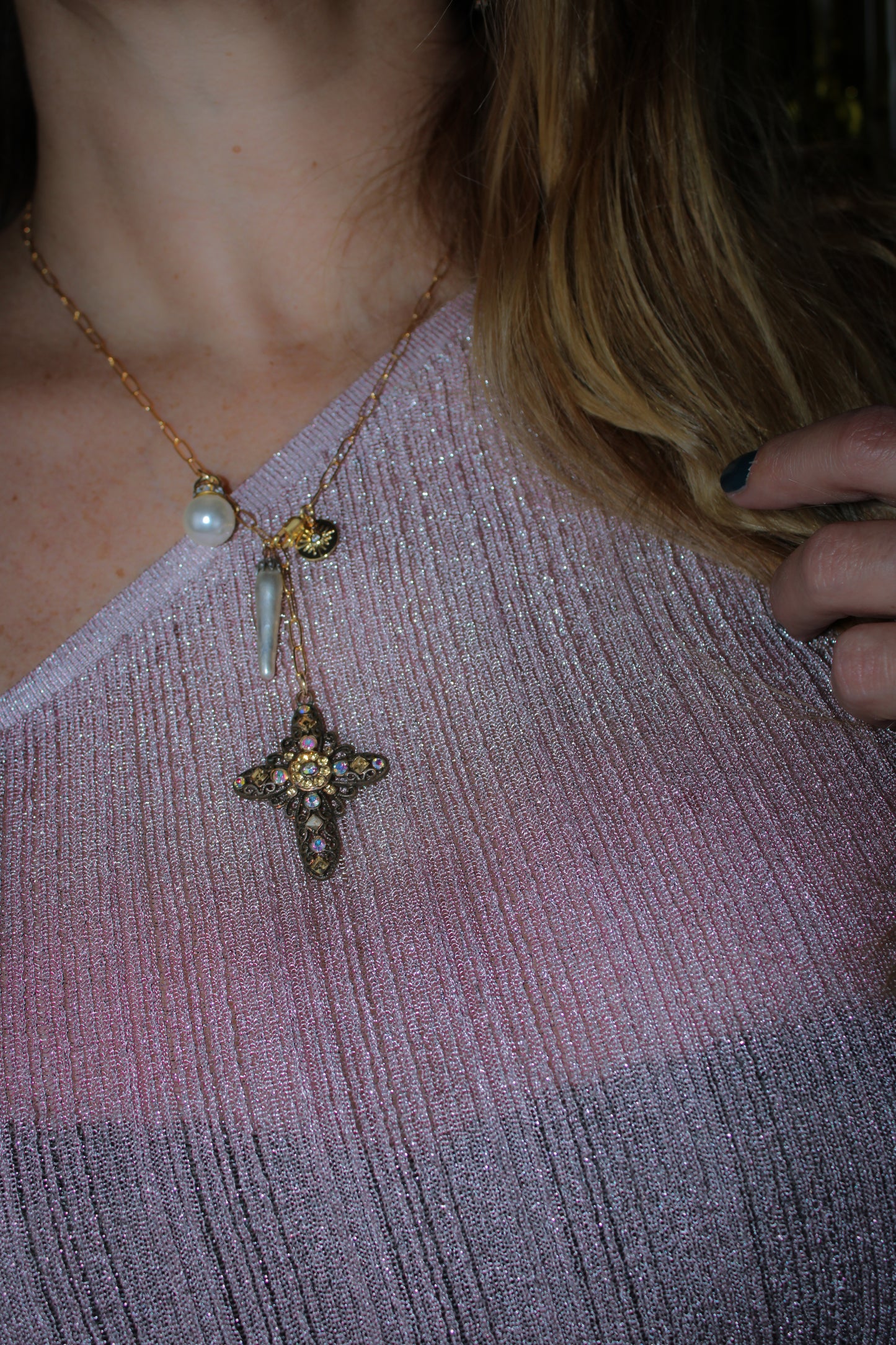 Collier lasso croix et perles - blissparis