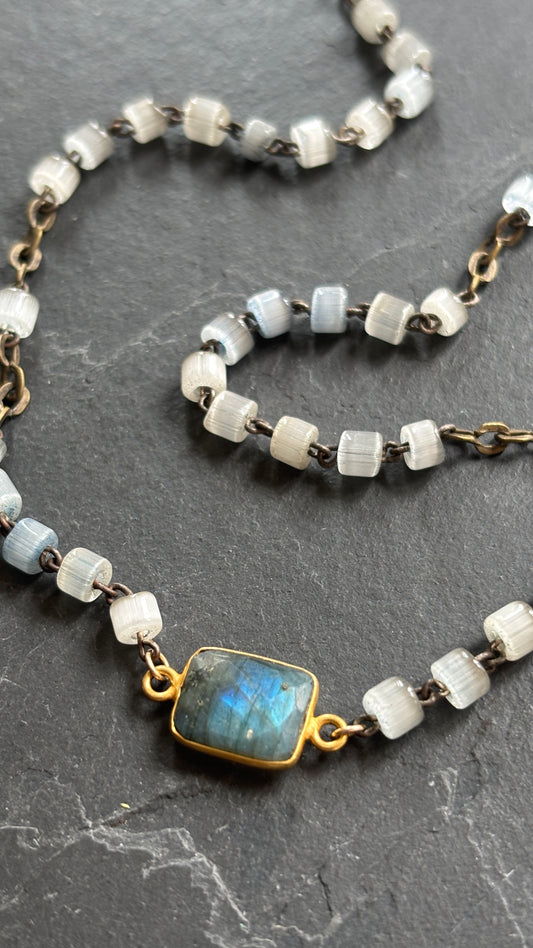 Collier chapelet pâte de verre et labradorite - blissparis