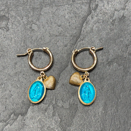 Mini créoles Médaille miraculeuse émaillée et cœur