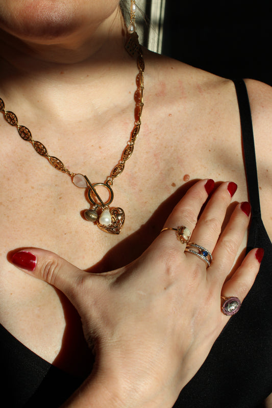 Collier maille filigrane, perlée et quartz