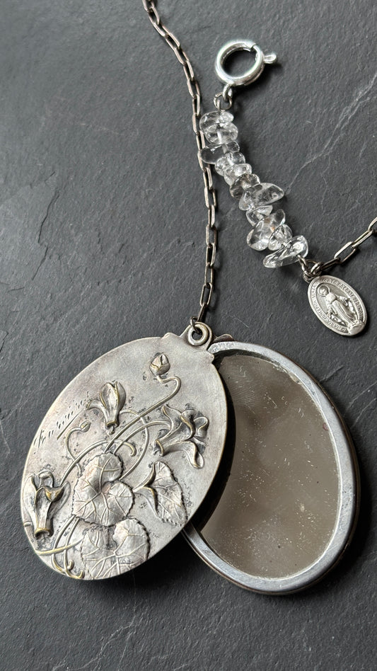 Collier lasso en argent , cristal de roche et miroir Art Nouveau - blissparis