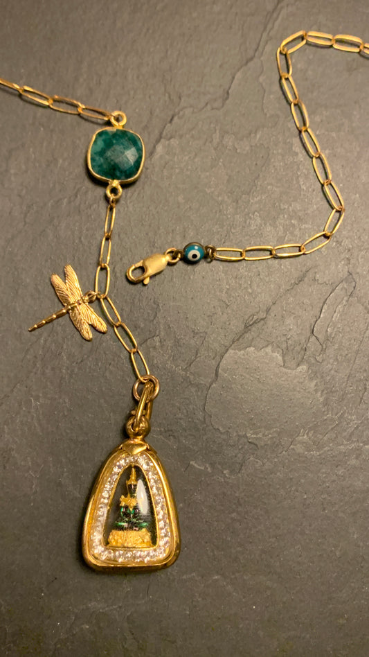 Collier Buddha Thaï, libellule et malachite - blissparis