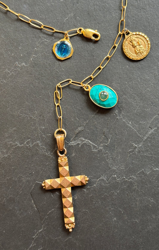 Collier lasso croix, turquoise et médailles - blissparis