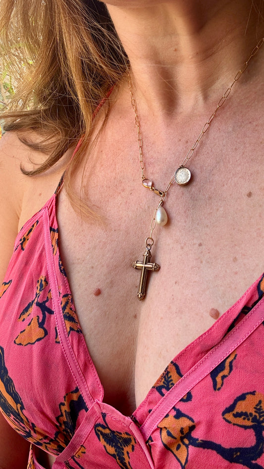 Collier lasso, croix, perle et médaille miraculeuse - blissparis