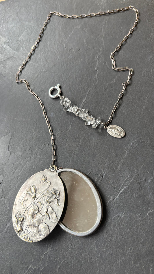 Collier lasso en argent , cristal de roche et miroir Art Nouveau - blissparis