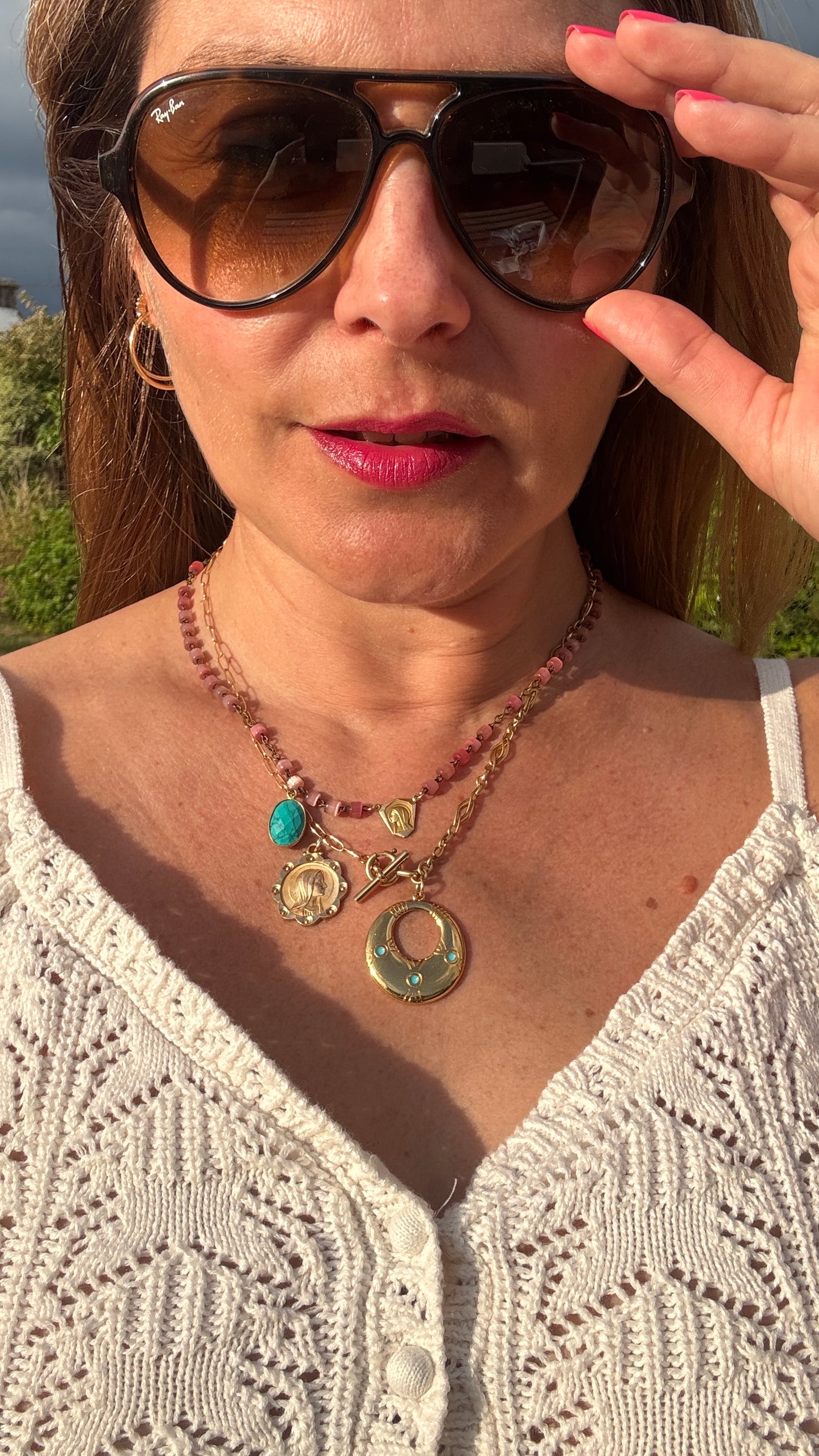 Collier chaîne de montre ancienne, Vierge de Lourdes et Turquoise - blissparis