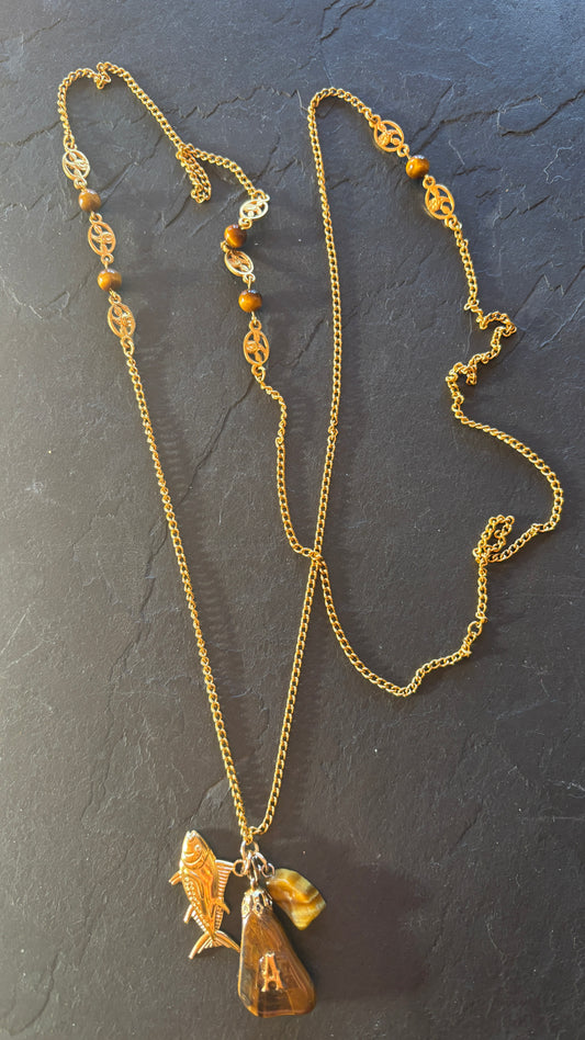 Sautoir plaqué or Poisson et Oeil de Tigre