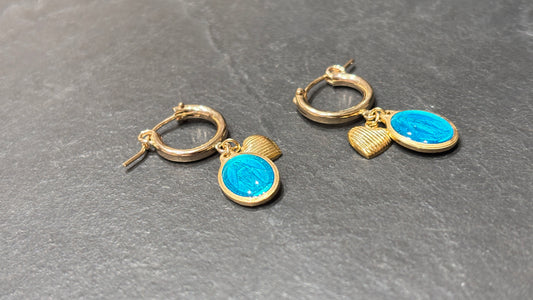 Mini créoles Médaille miraculeuse émaillée et cœur