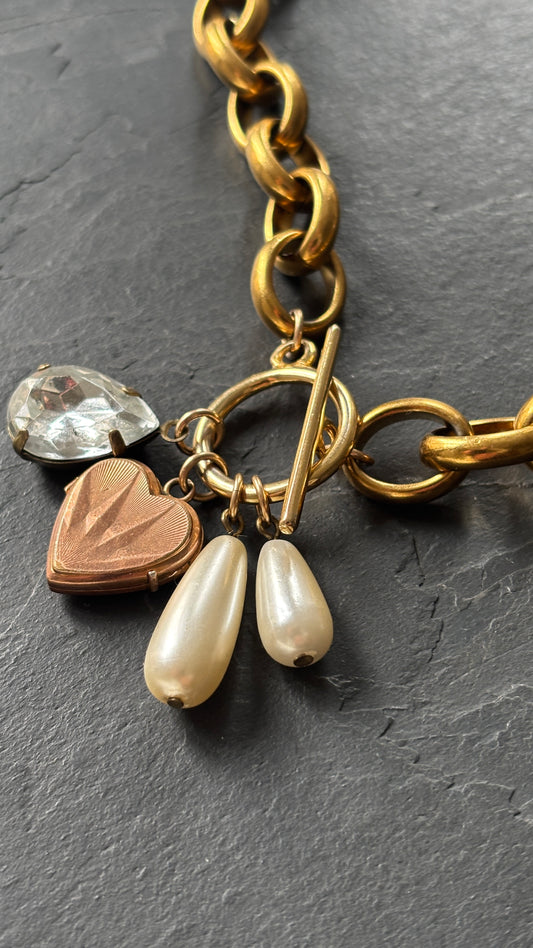 Collier grosse maille, cœur, perles et strass