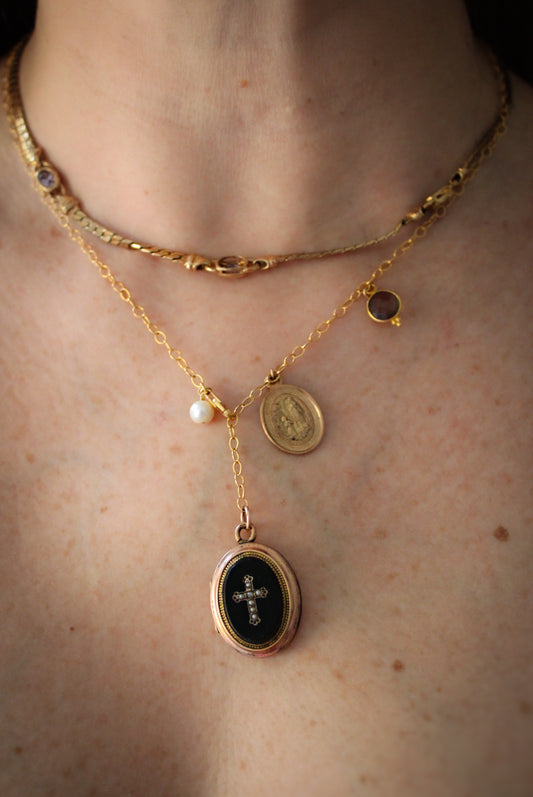 Collier lasso, médaillon Napoléon III, quartz et perle