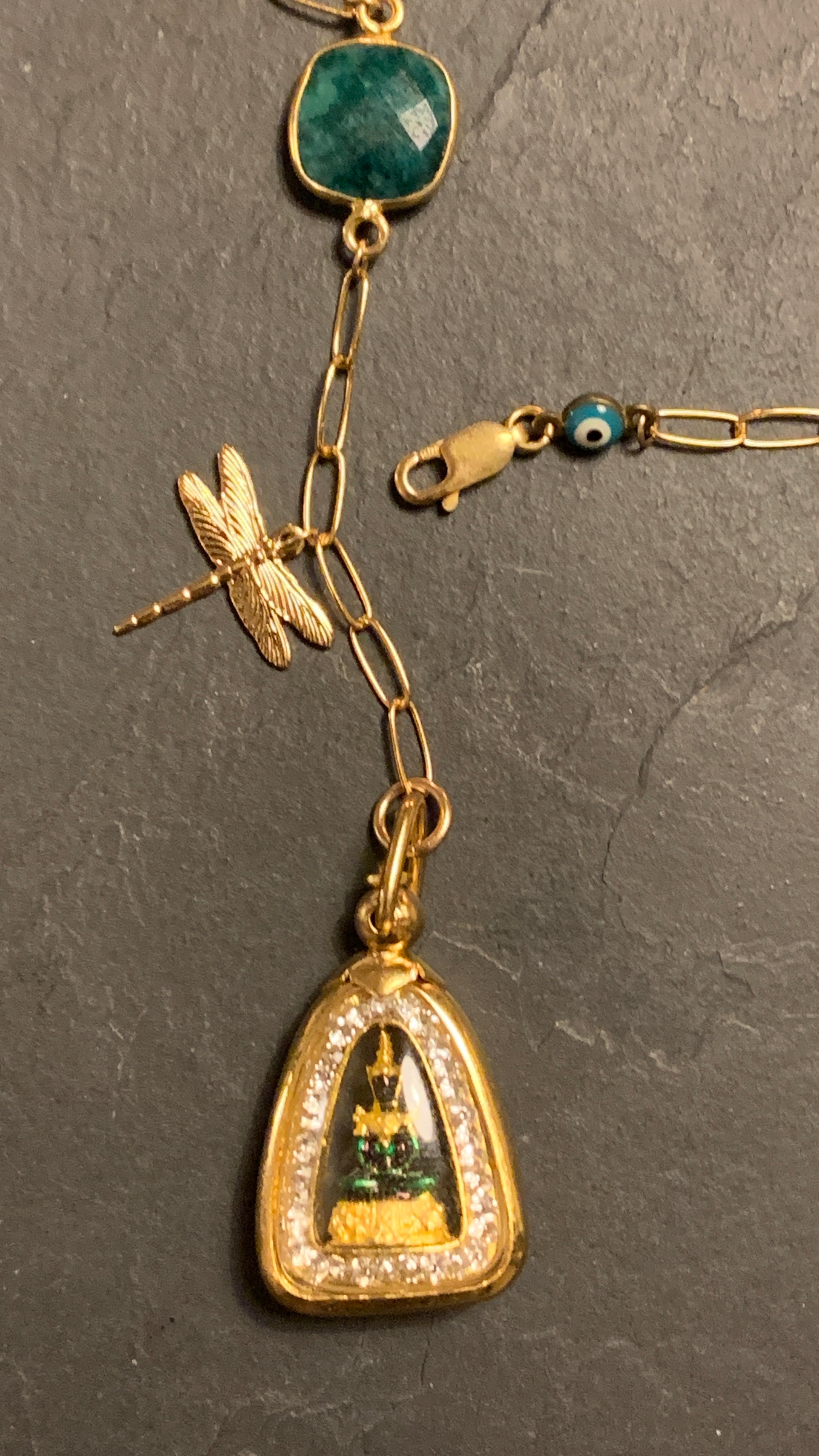 Collier Buddha Thaï, libellule et malachite - blissparis