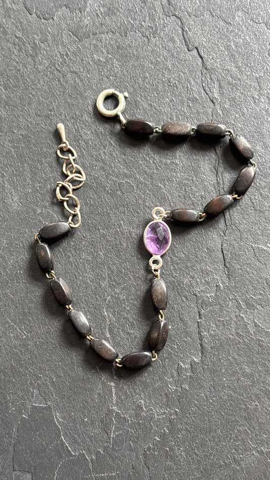 Bracelet chapelet upcyclé bois noirci et améthyste