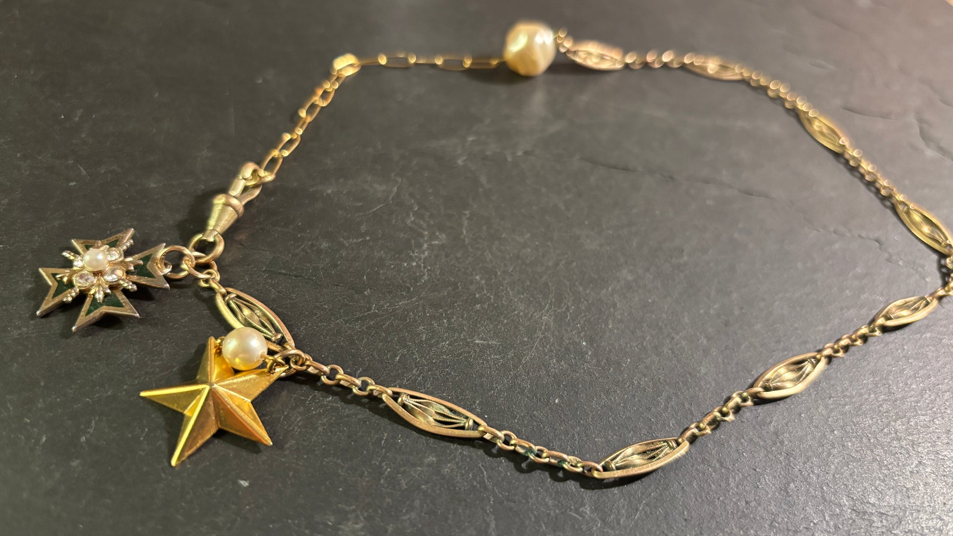 Collier chaîne de montre filigrane, Croix de Malte et étoile - blissparis