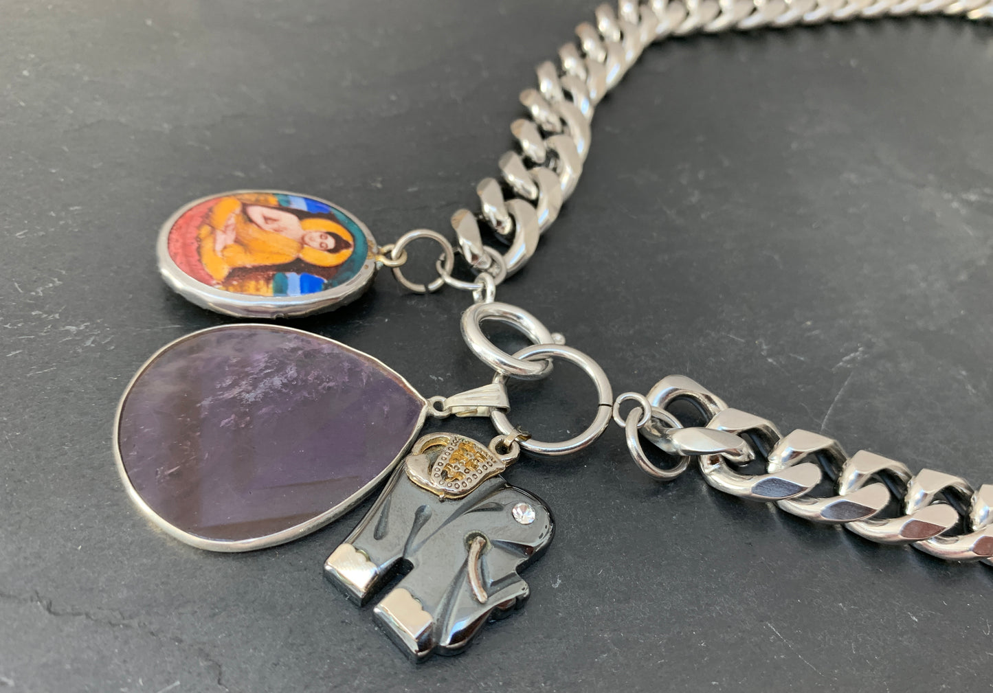 Collier gourmette, améthyste, éléphant et Buddha - blissparis