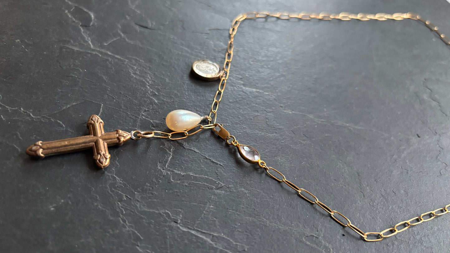 Collier lasso, croix, perle et médaille miraculeuse - blissparis