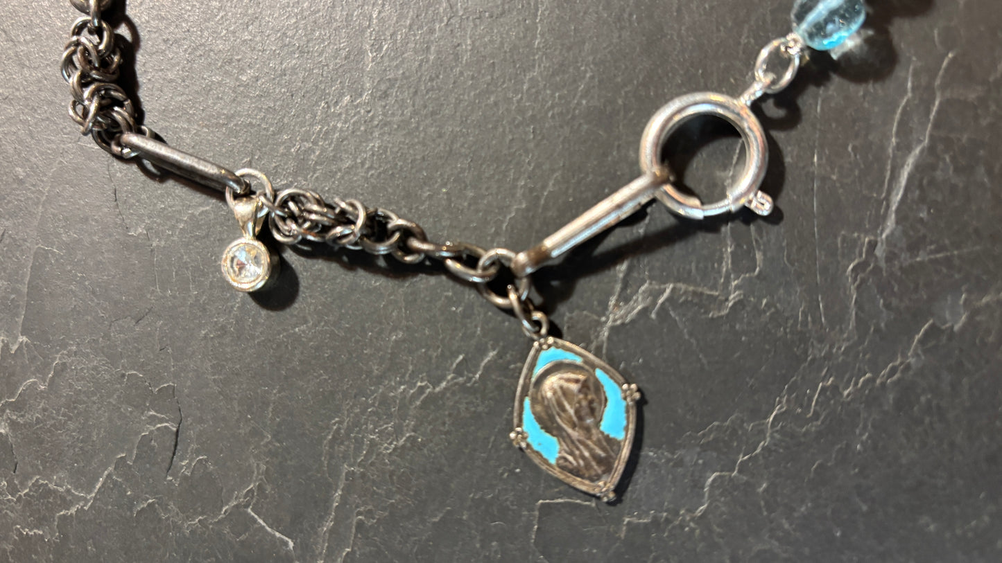Collier chaîne de montre ancienne en acier, perles de verre et strass - blissparis
