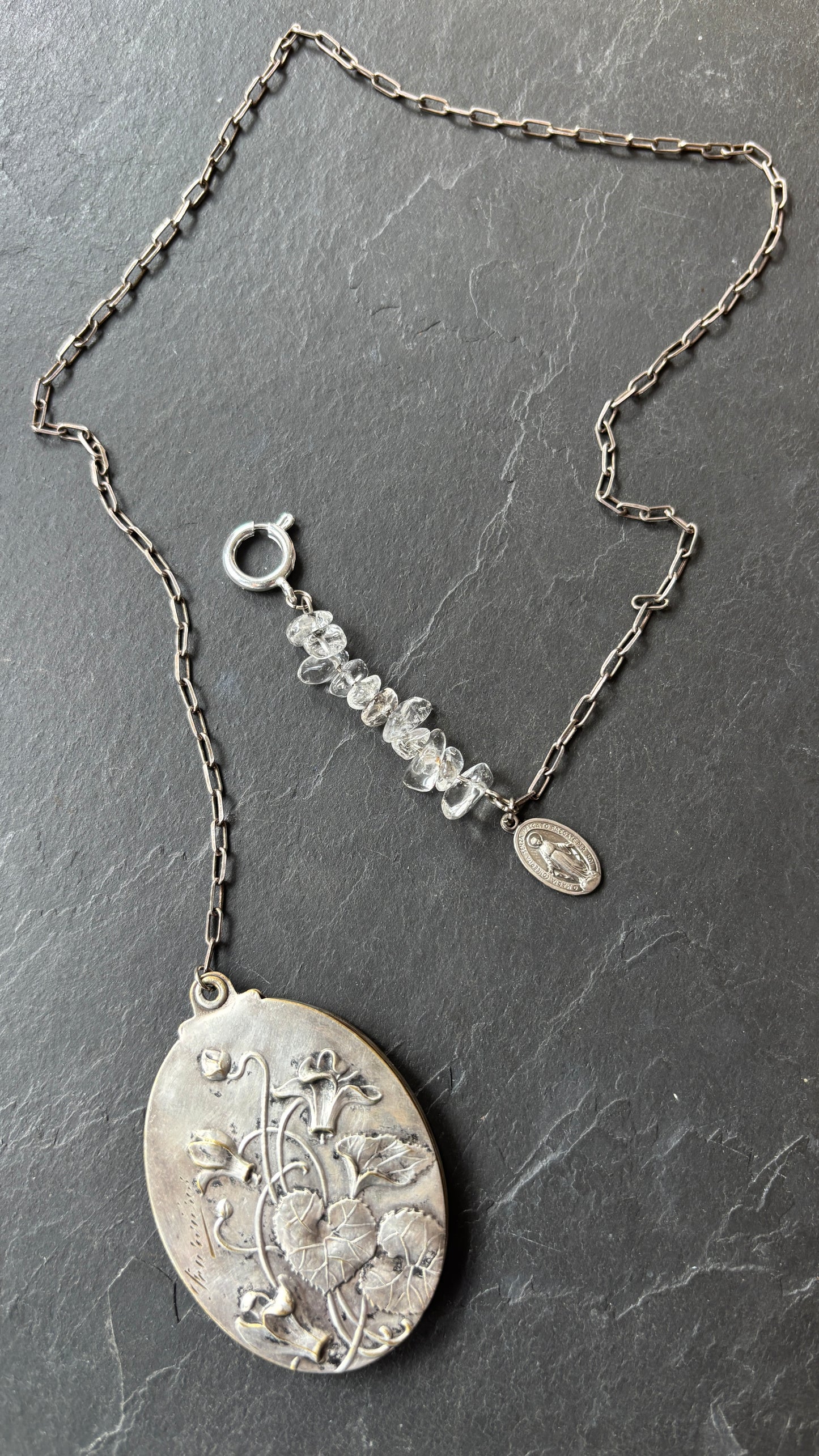 Collier lasso en argent , cristal de roche et miroir Art Nouveau - blissparis
