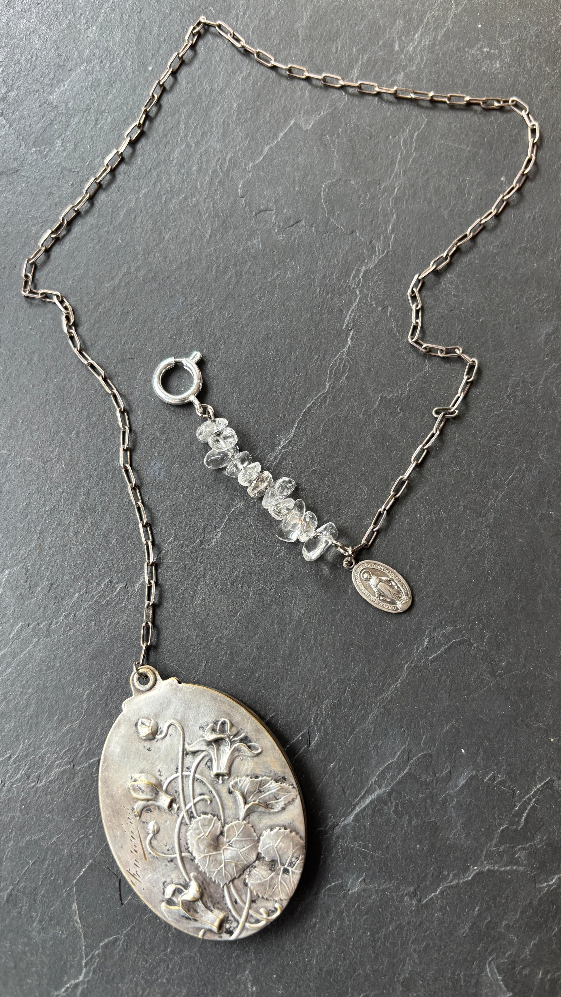 Collier lasso en argent , cristal de roche et miroir Art Nouveau - blissparis