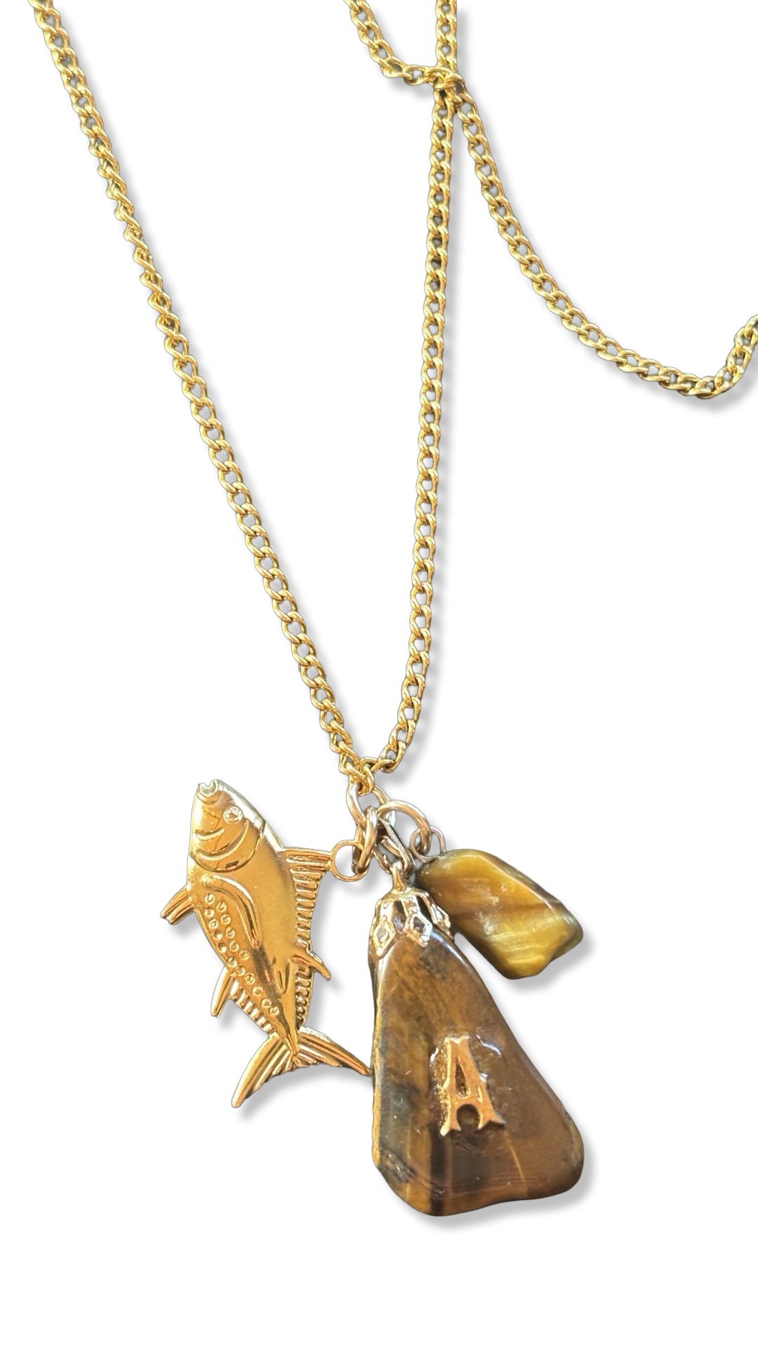 Sautoir plaqué or Poisson et Oeil de Tigre
