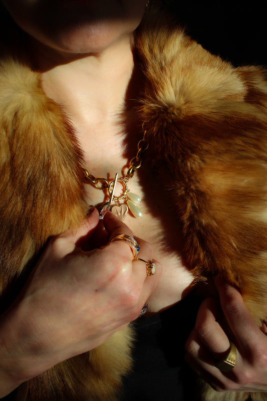 Collier grosse maille, cœur, perles et strass