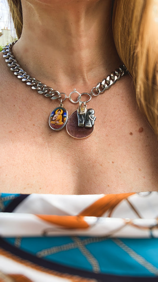 Collier gourmette, améthyste, éléphant et Buddha - blissparis