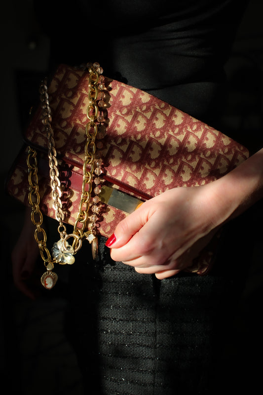 Collier cœur Napoléon III, chaîne ancienne et chapelet rose