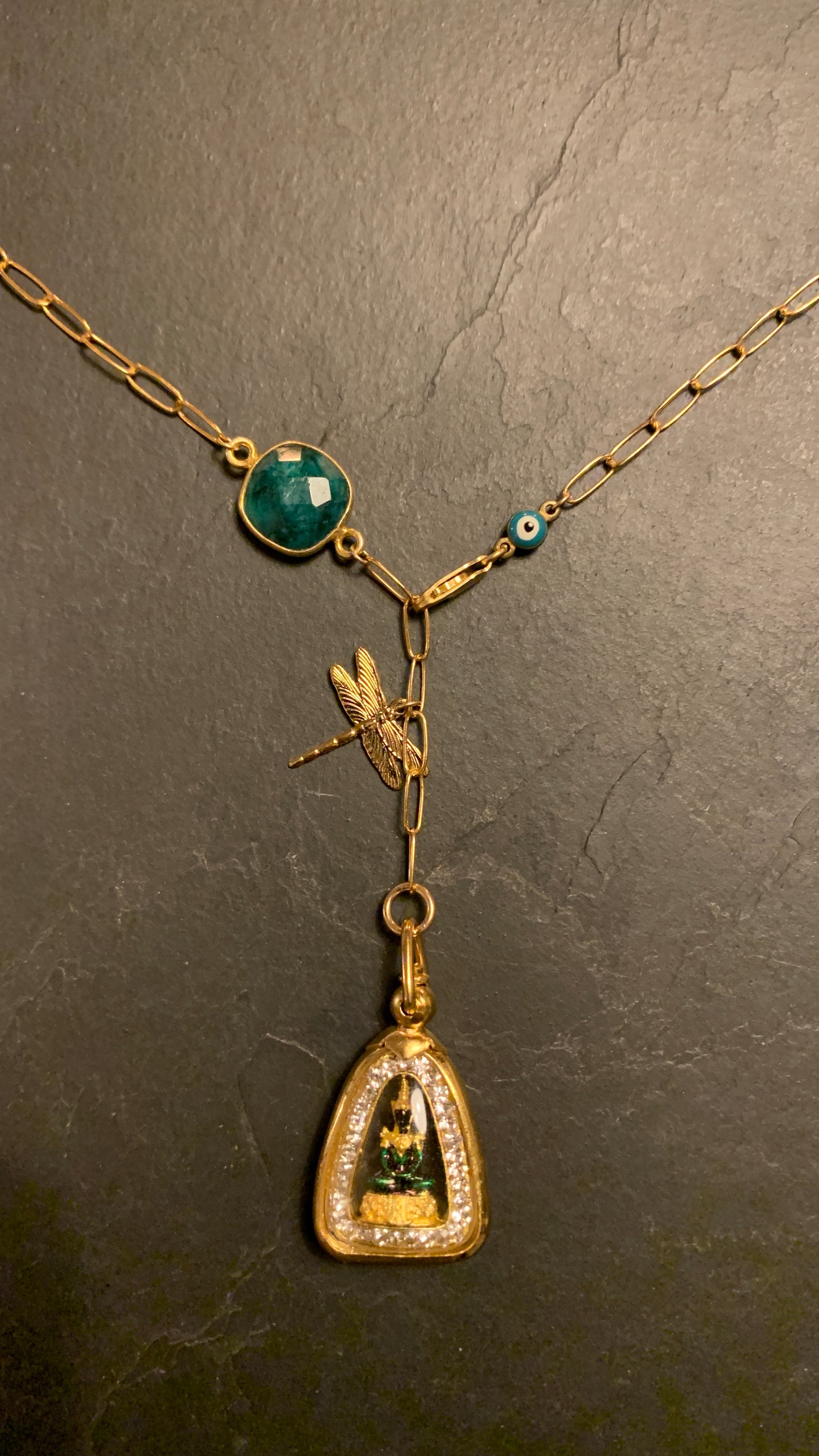 Collier Buddha Thaï, libellule et malachite - blissparis