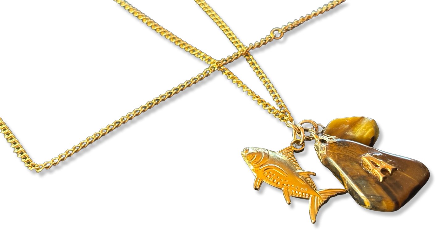 Sautoir plaqué or Poisson et Oeil de Tigre