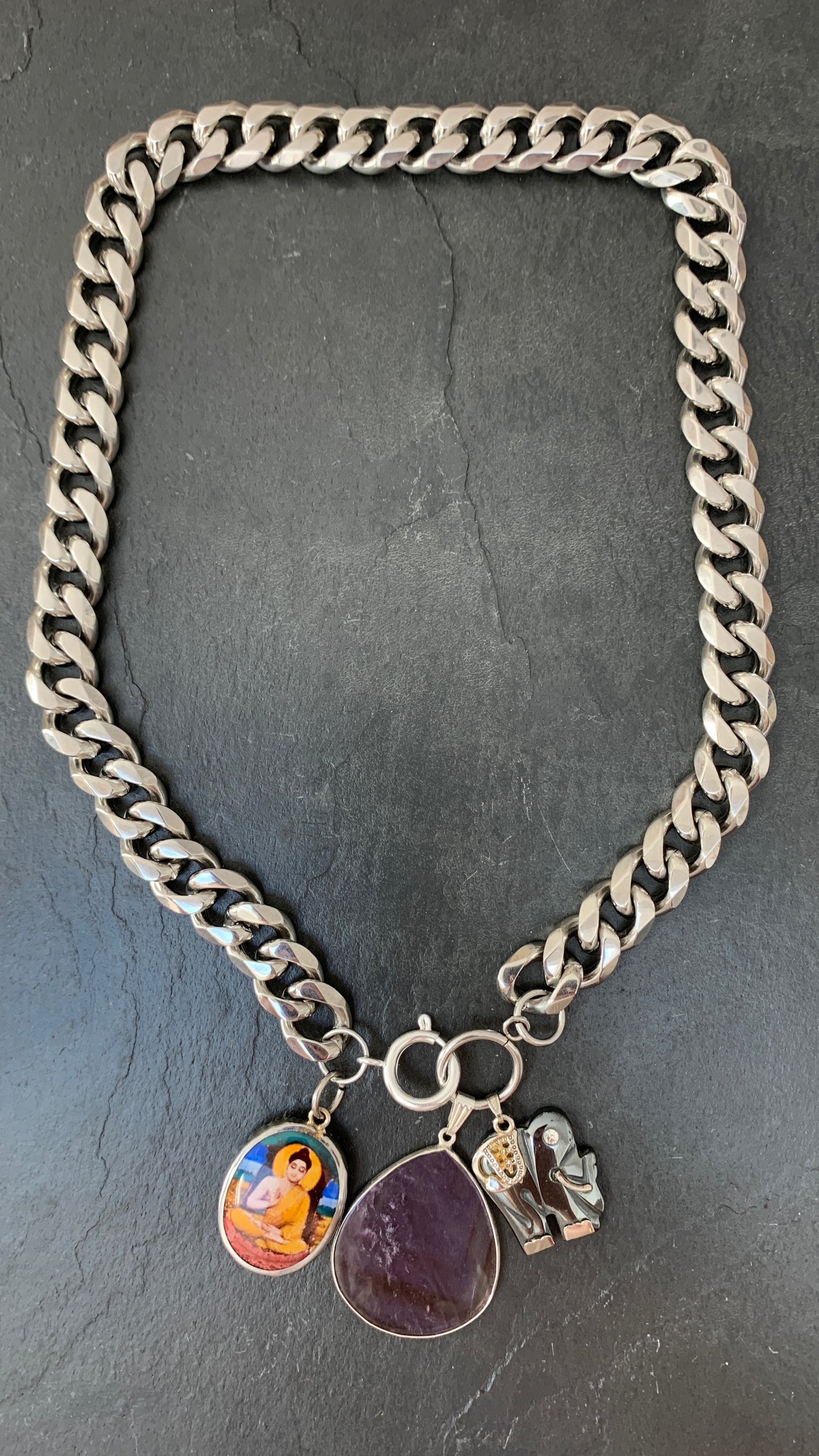 Collier gourmette, améthyste, éléphant et Buddha - blissparis