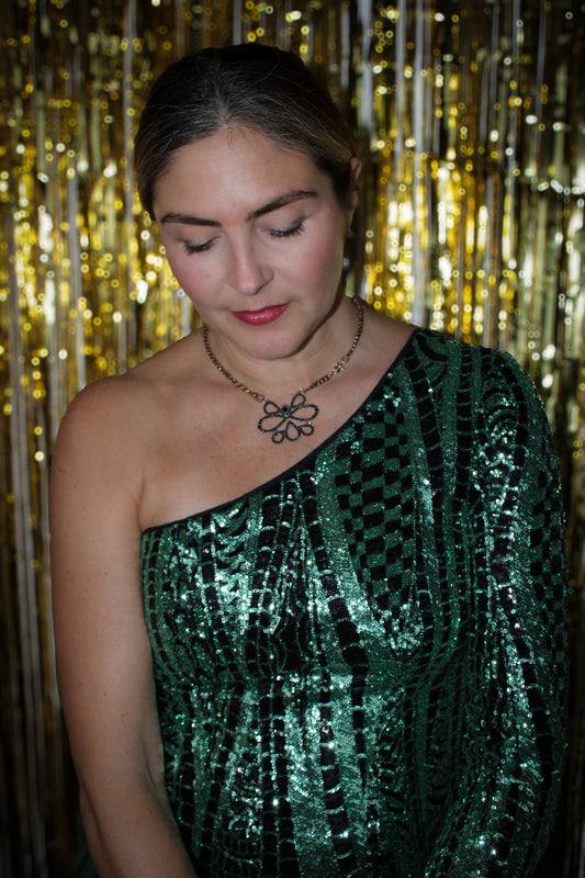 Collier chaîne de montre et noeud en strass noir - blissparis