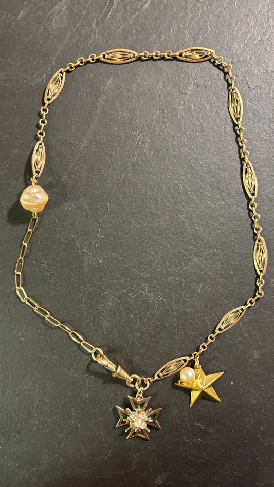 Collier chaîne de montre filigrane, Croix de Malte et étoile - blissparis
