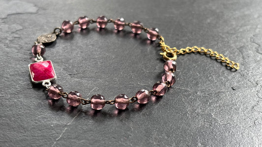 Bracelet chapelet upcyclé violet et agate rose