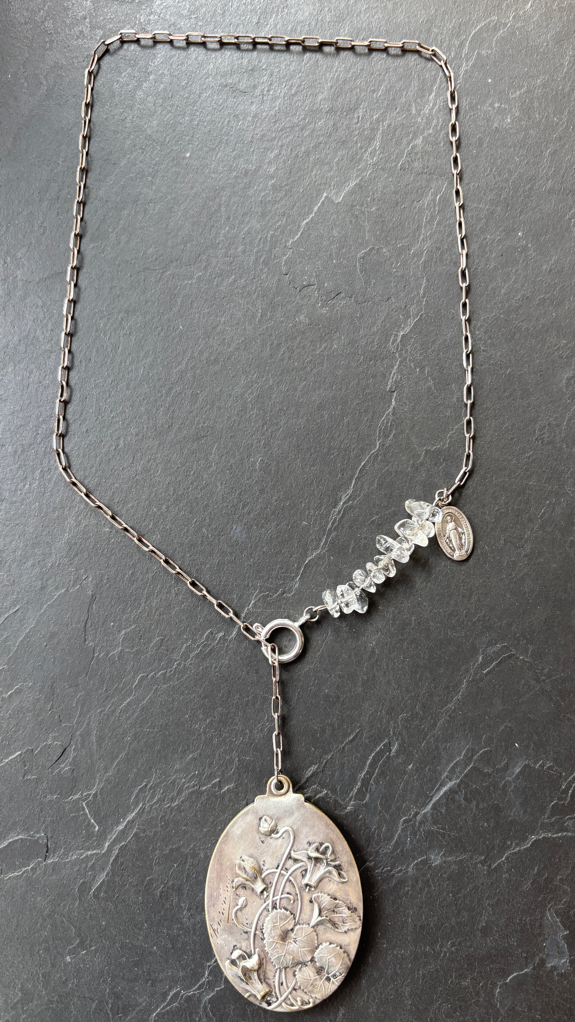Collier lasso en argent , cristal de roche et miroir Art Nouveau - blissparis