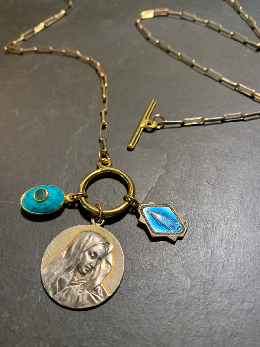 Sautoir Vierge au Voile, turquoise et Vierge émaillée - blissparis
